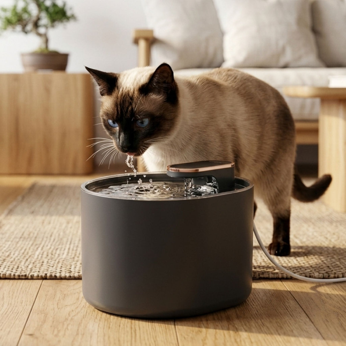 distributeur eau chat 3L silencieux, fontaine à eau pour chat, chat siamois boit, parquet bois clair salon japandi