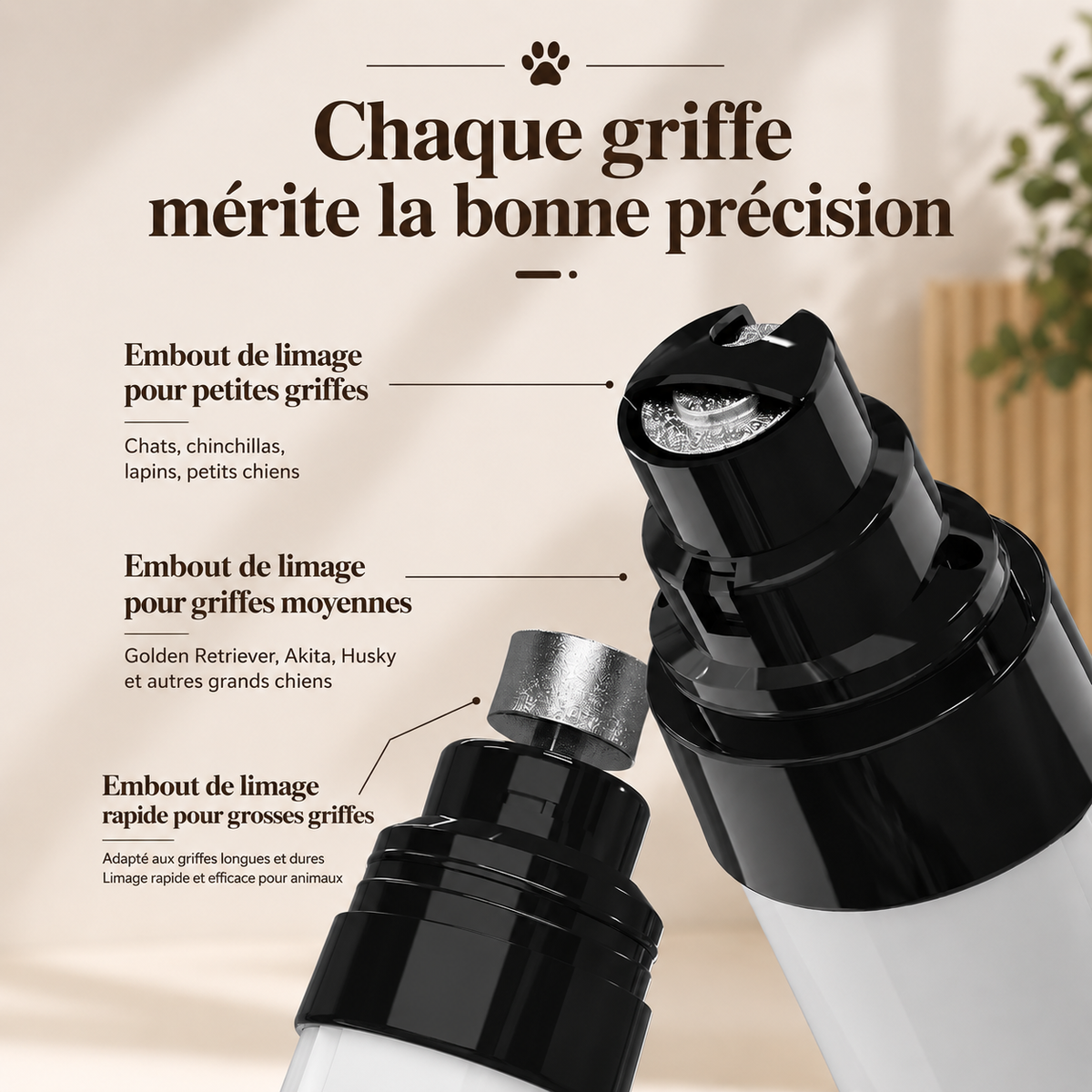 Embout de limage pour petites, moyennes et grosses griffes de chat et chien avec guide de précision et meule diamantée sécurisée pour un entretien adapté à chaque taille de griffe