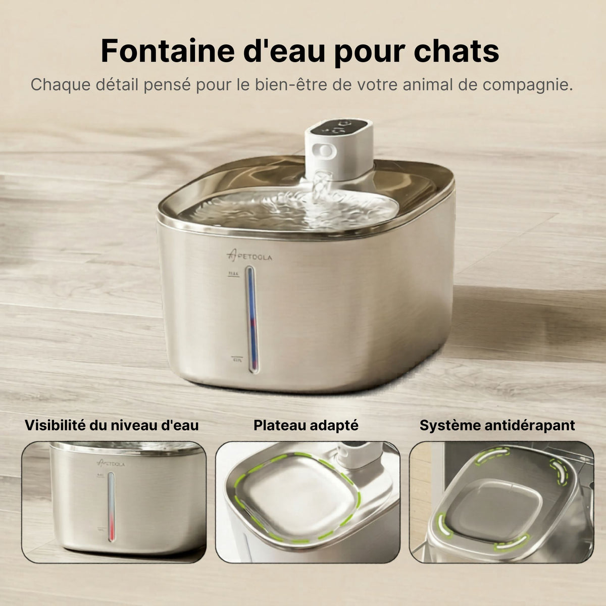 fontaine à eau pour chat sans fil 4L inox, distributeur eau chat, visibilité niveau eau, plateau adapté système antidérapant, catedo