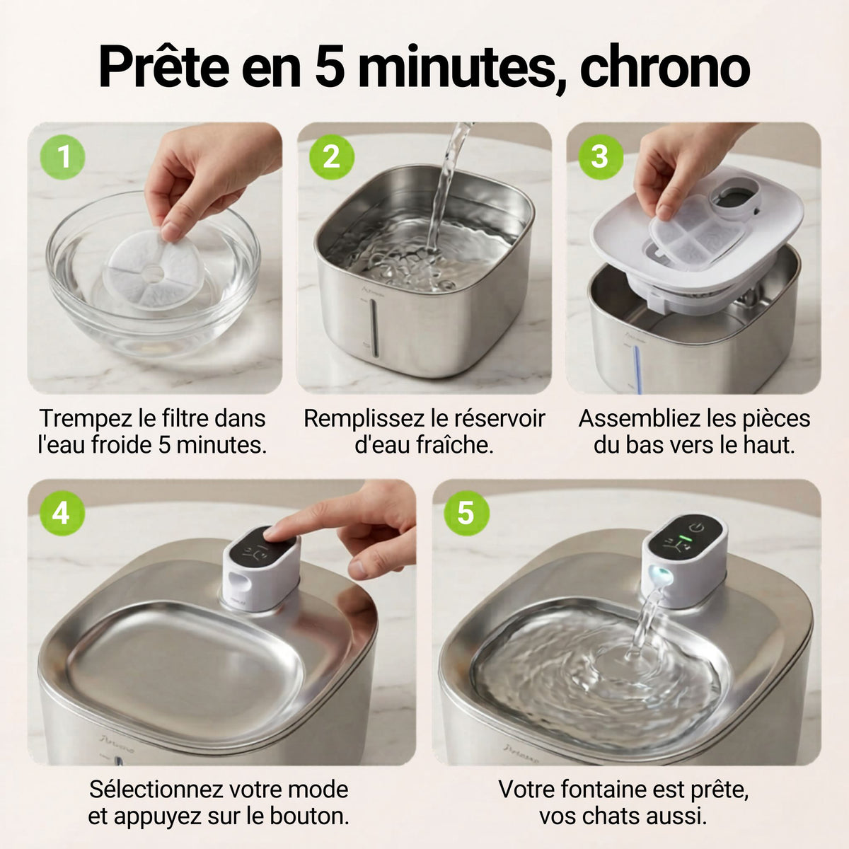 fontaine à eau pour chat sans fil 4L inox, installation facile 5 étapes, distributeur eau chat filtre charbon, prête en 5 minutes, catedo