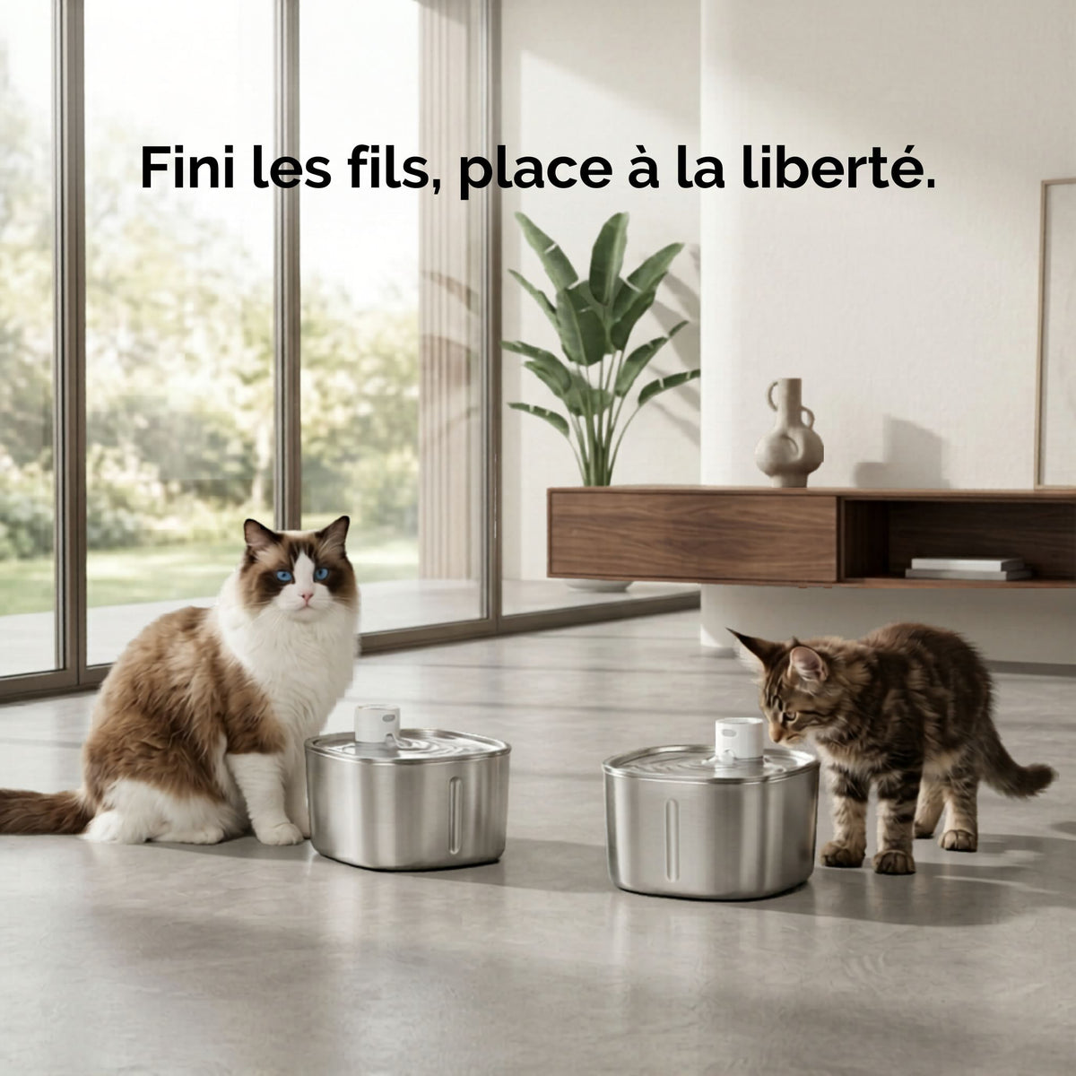 fontaine à eau pour chat sans fil 4L inox, distributeur eau chat sans fil, chat ragdoll maine coon salon moderne, fini les fils, catedo