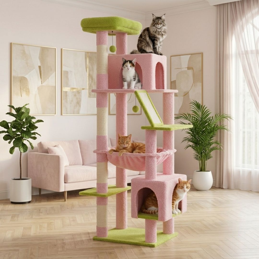 grand arbre à chat rose et vert salon lumineux quatre chats Maine Coon double cabane hamac griffoir sisal rampe pompon