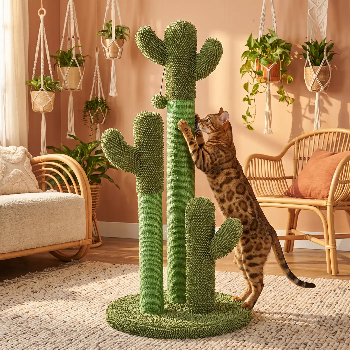 Chat Bengal qui griffe le grand poteau en sisal d'un griffoir cactus à trois poteaux dans un salon bohème