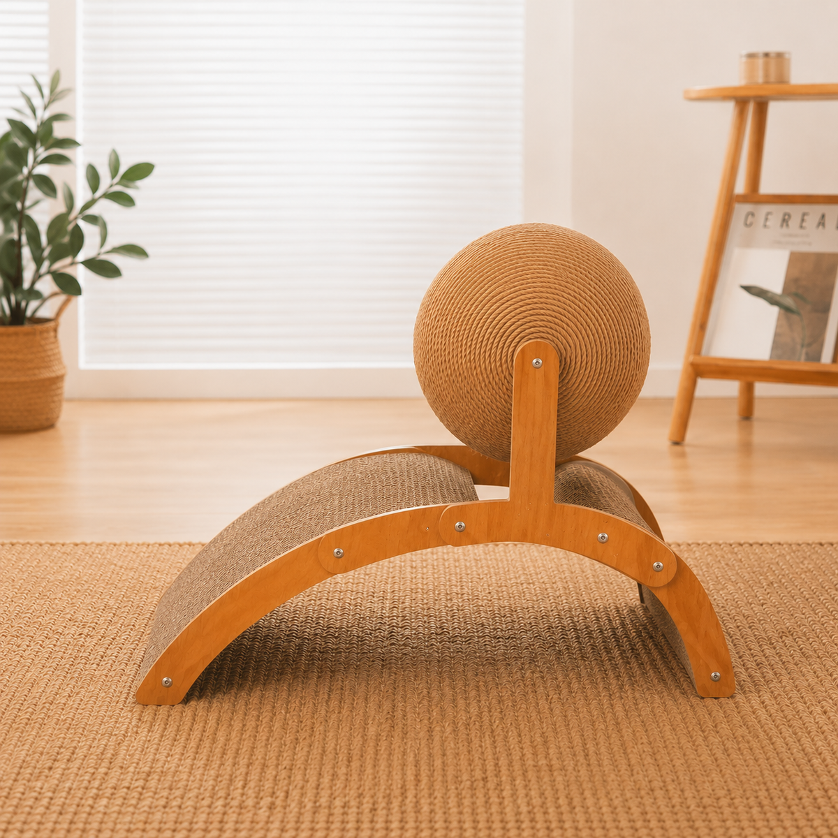 Griffoir multifonction pour chat en bois vu de côté, avec grande balle rotative en sisal et surface incurvée en carton à griffer.