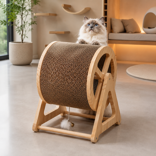 Chat Ragdoll sur un griffoir pour chat en bois naturel avec carton alvéolé dans un salon moderne et lumineux au design minimaliste haut de gamme.