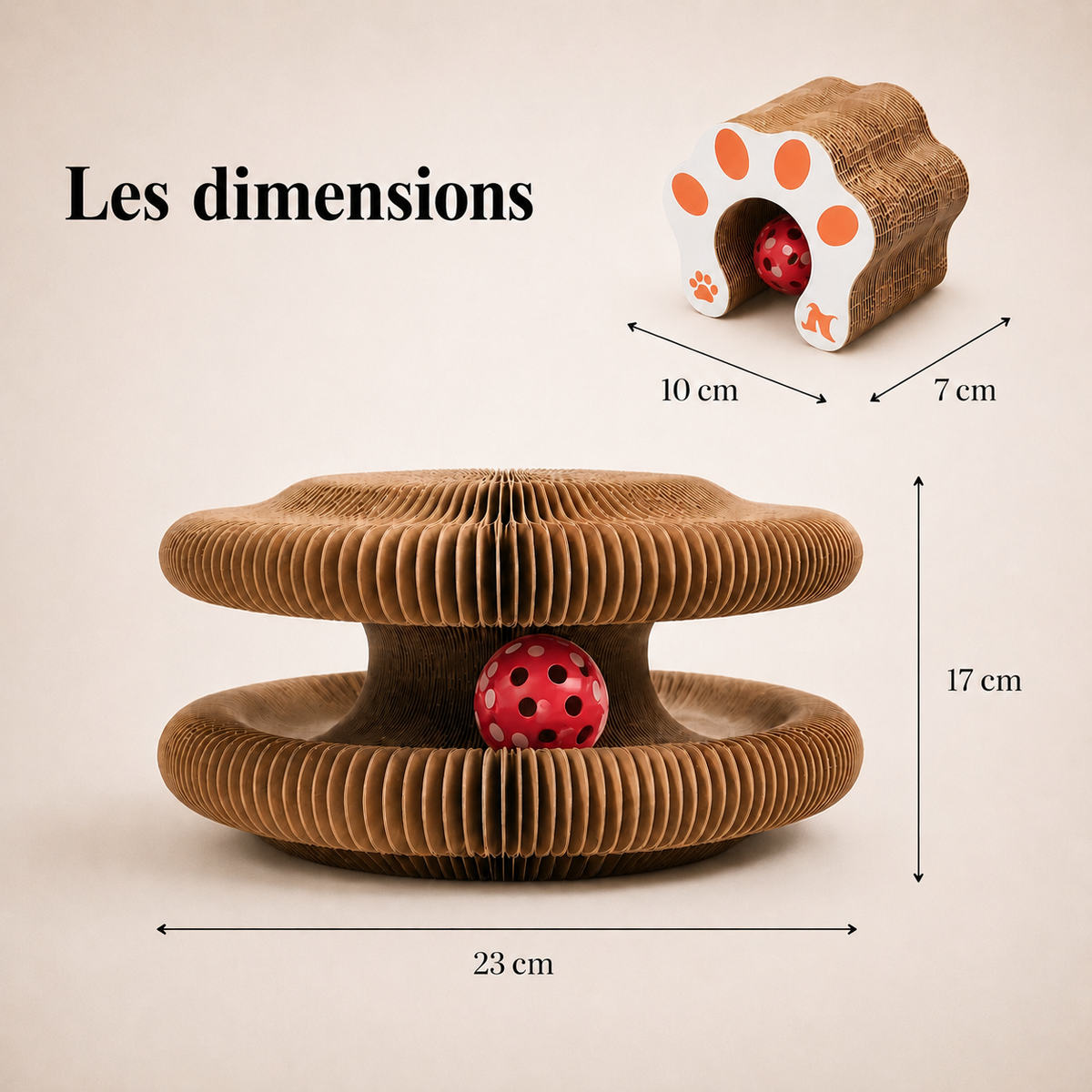 Dimensions du griffoir pour chat en carton Catedo avec balle intégrée, format compact pour jeu, griffage et stimulation des chats d’intérieur.