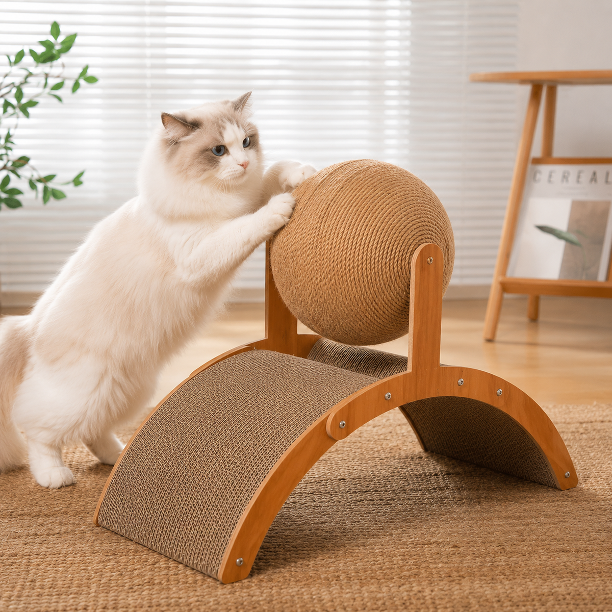 Chat Ragdoll aux yeux bleus jouant avec un griffoir pour chat multifonction en bois, équipé d’une balle rotative en sisal et de surfaces incurvées à griffer.