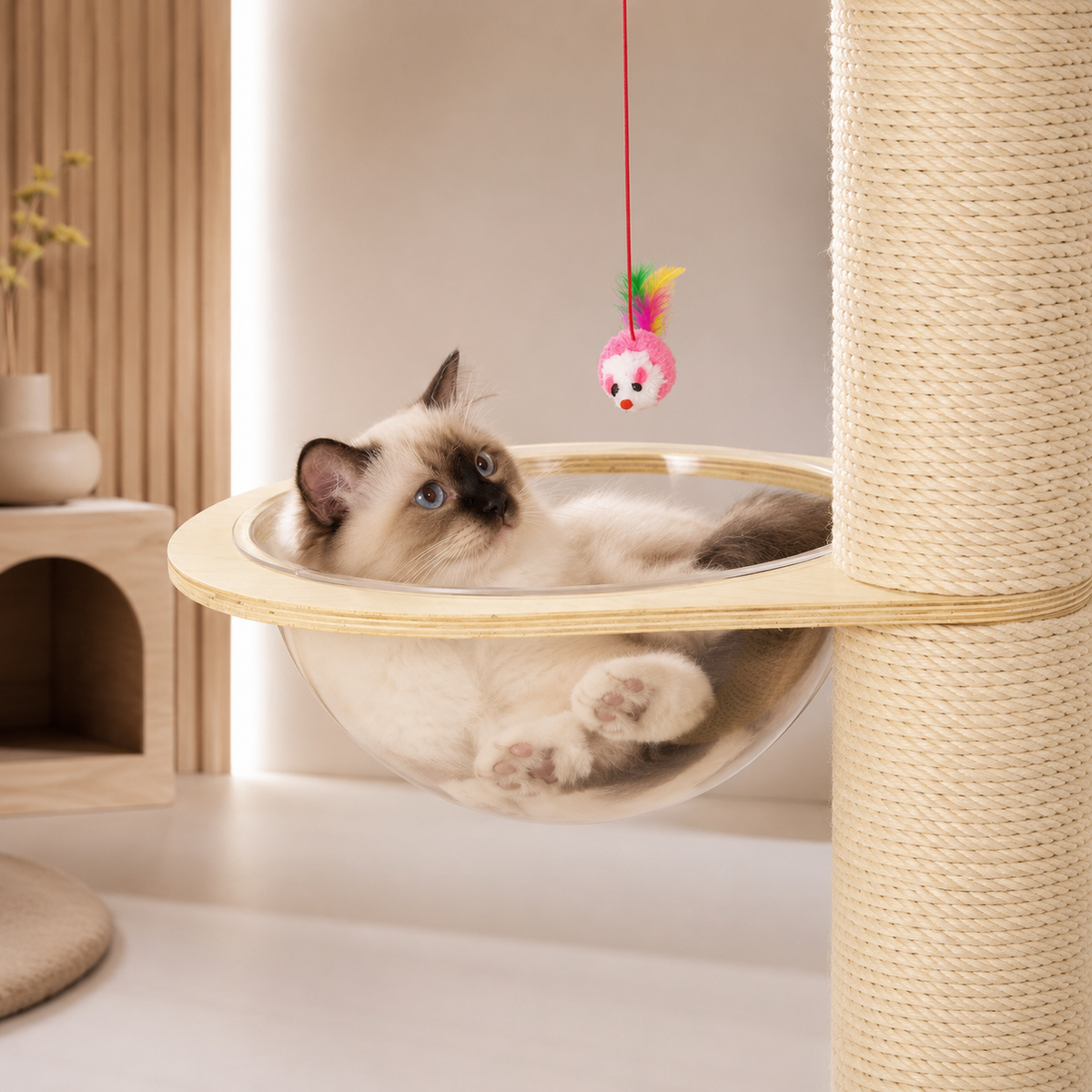 Sacré de Birmanie dans un hamac bulle transparent pour arbre à chat, avec poteau griffoir en sisal et espace design dédié aux chats.
