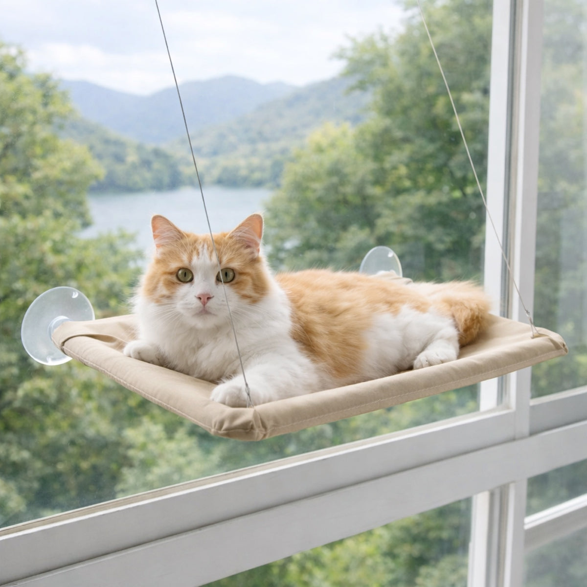 Hamac de fenêtre pour chat beige à ventouses, chat roux et blanc installé face à une vue panoramique sur un lac Catedo