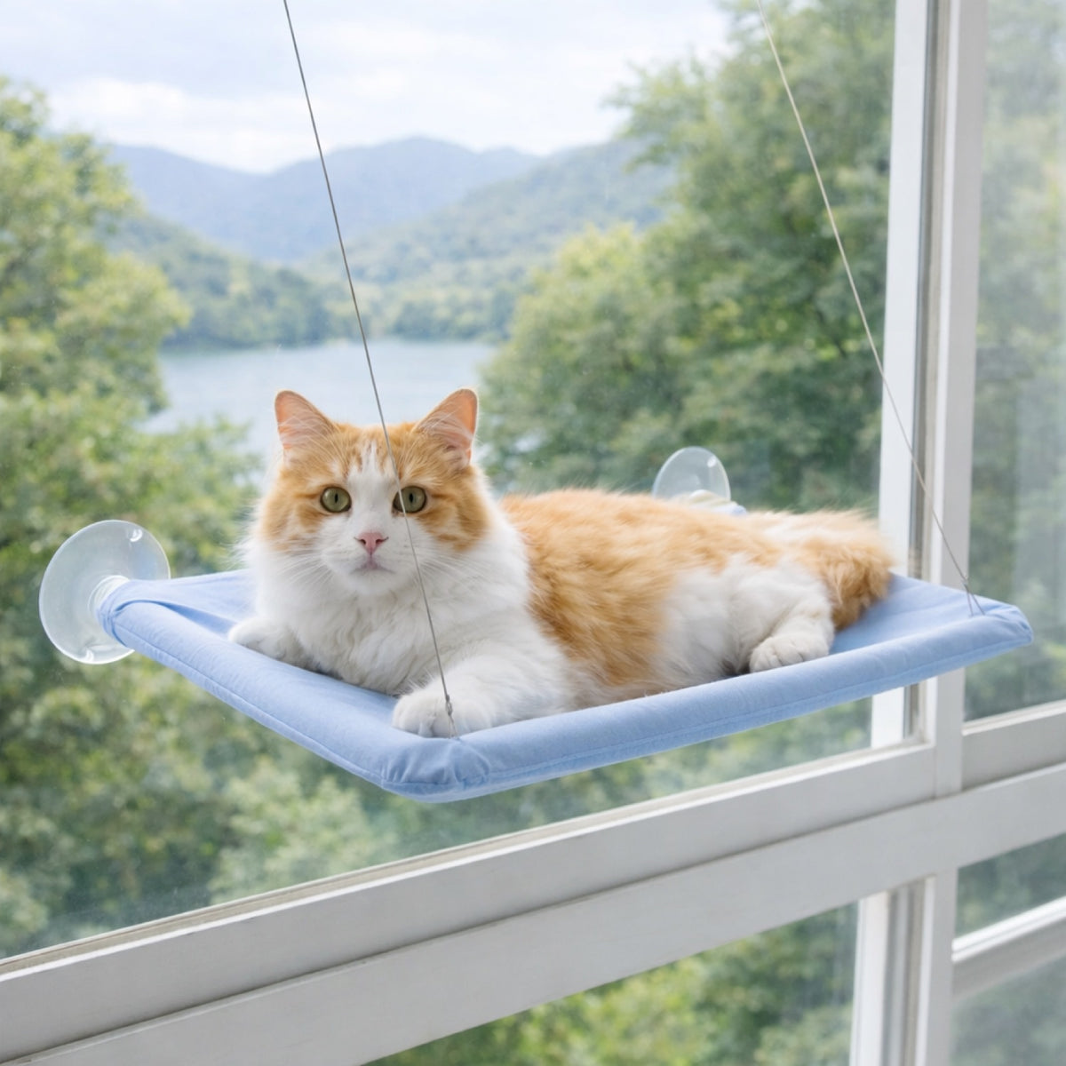 Hamac chat fenêtre bleu ciel fixé par ventouses, chat confortablement installé face au paysage extérieur Catedo