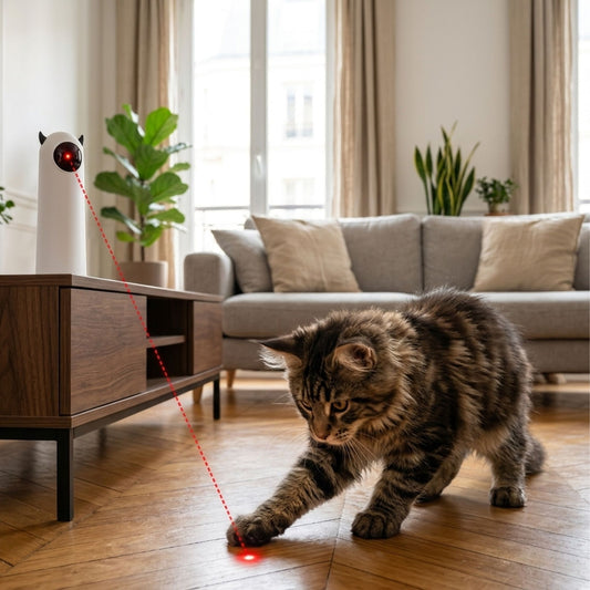 Chat jouant avec un laser automatique pour chat dans un salon moderne, jouet interactif stimulant l’activité physique et l’instinct de chasse Catedo
