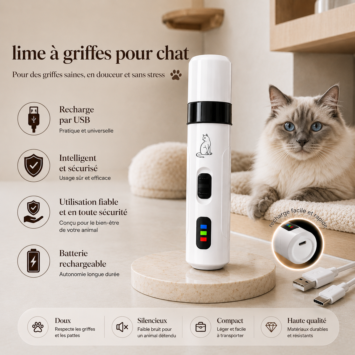 Lime à griffes électrique pour chat avec recharge USB, fonctionnement silencieux et entretien sécurisé des griffes de chat Ragdoll