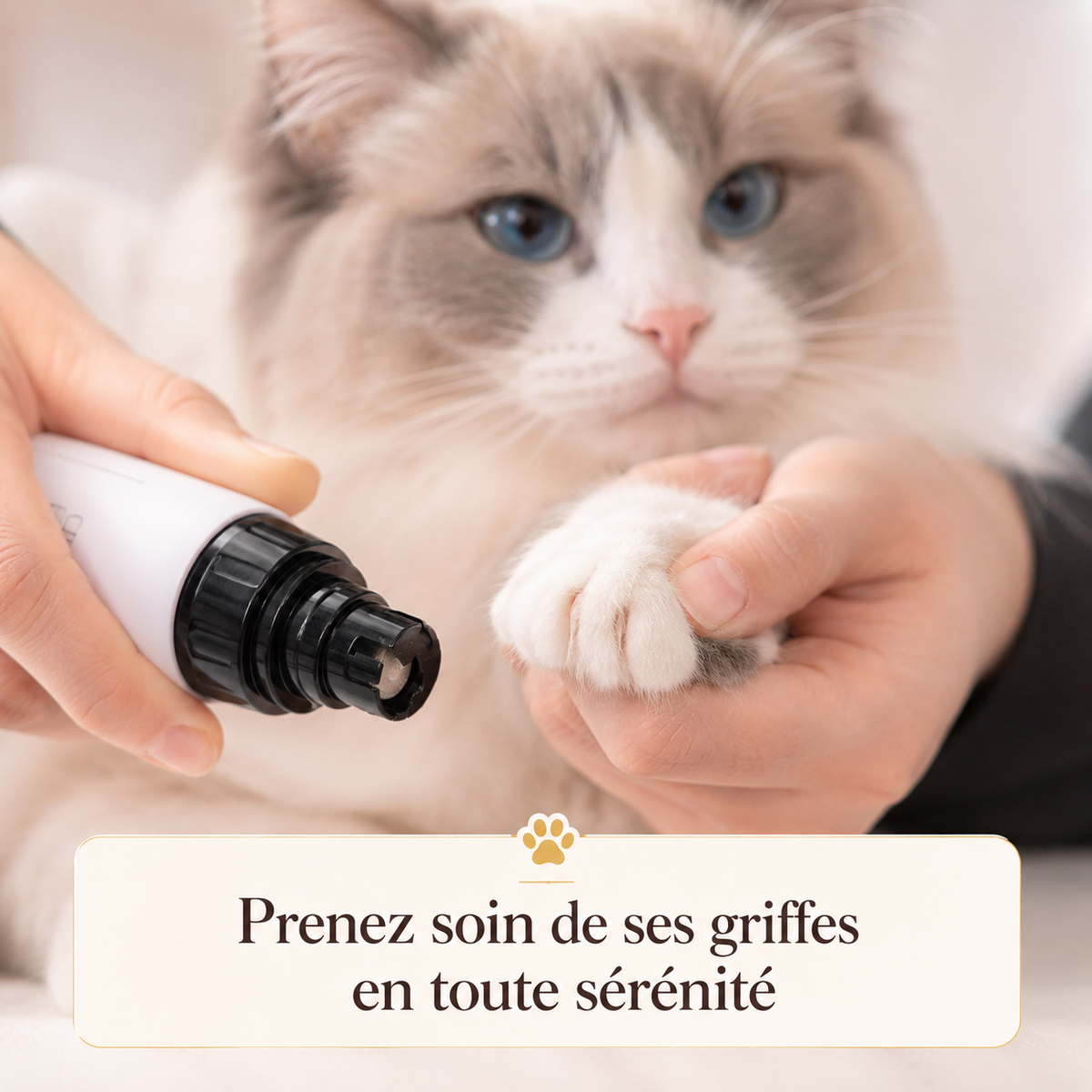 Lime à griffes électrique utilisée sur un chat Ragdoll pour un entretien doux, précis et sans stress des griffes