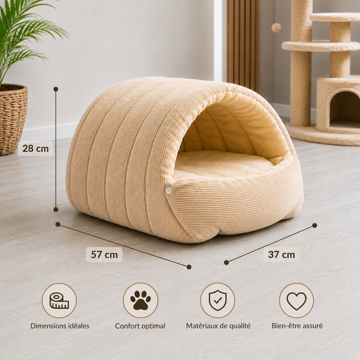 Lit pour chat en peluche douce avec cocon confortable de 57 x 37 x 28 cm offrant un espace de repos chaleureux et rassurant Catedo