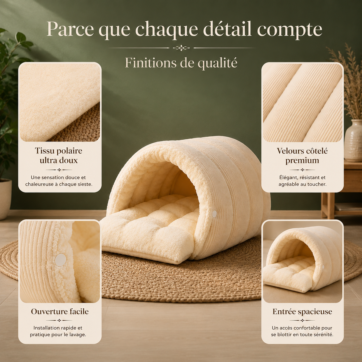 Lit pour chat en peluche douce avec velours côtelé premium, coussin moelleux et entrée spacieuse pour un confort optimal Catedo