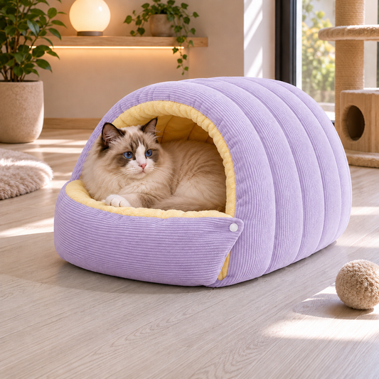 Lit pour chat violet en peluche douce avec cocon enveloppant et coussin moelleux offrant un espace de repos confortable et rassurant Catedo