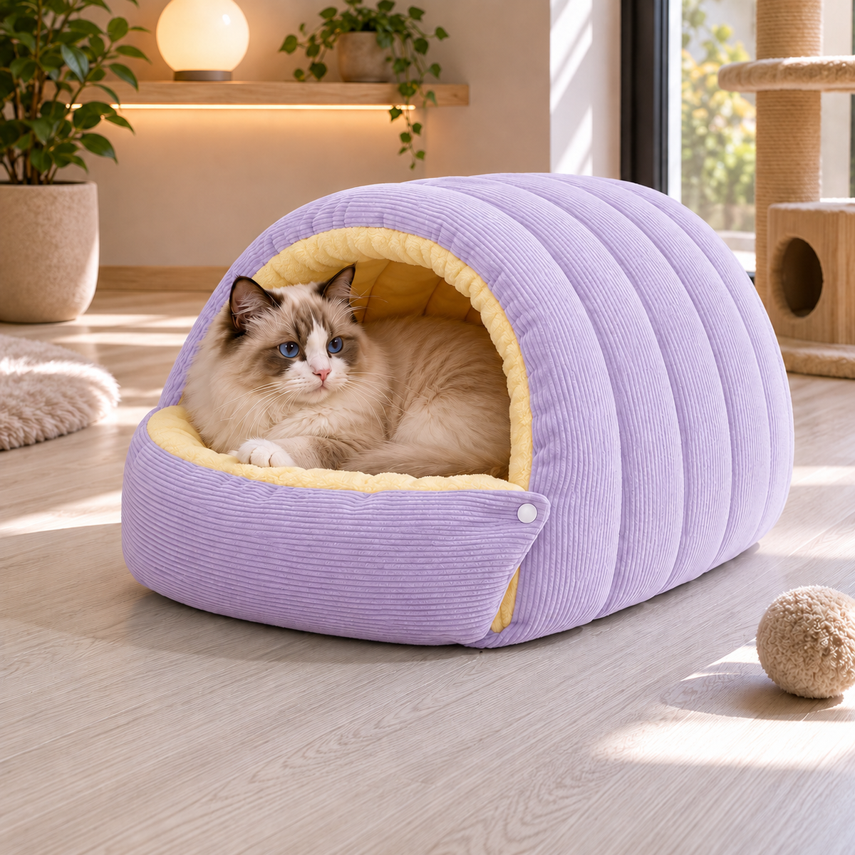 Lit pour chat violet en peluche douce avec cocon enveloppant et coussin moelleux offrant un espace de repos confortable et rassurant Catedo