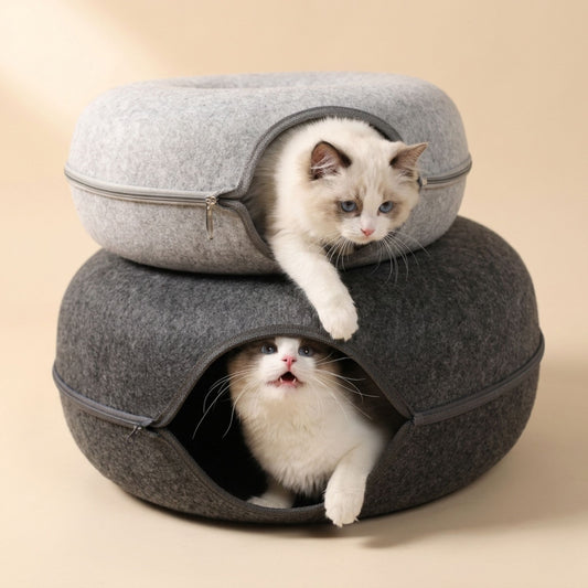 Lit pour chat tunnel donut empilable en feutre gris clair et anthracite avec fermeture éclair, illustré avec deux chatons Ragdoll, vendu à la pièce