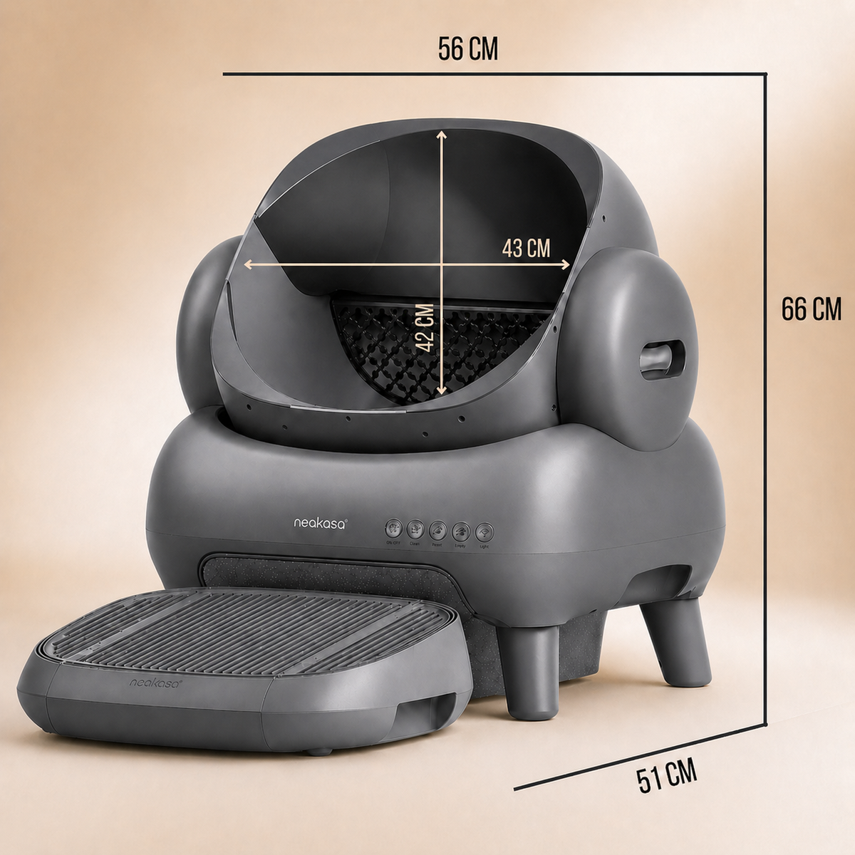 Dimensions de la litière automatique Neakasa M1 : 56 × 51 × 66 cm, entrée de 43 × 42 cm