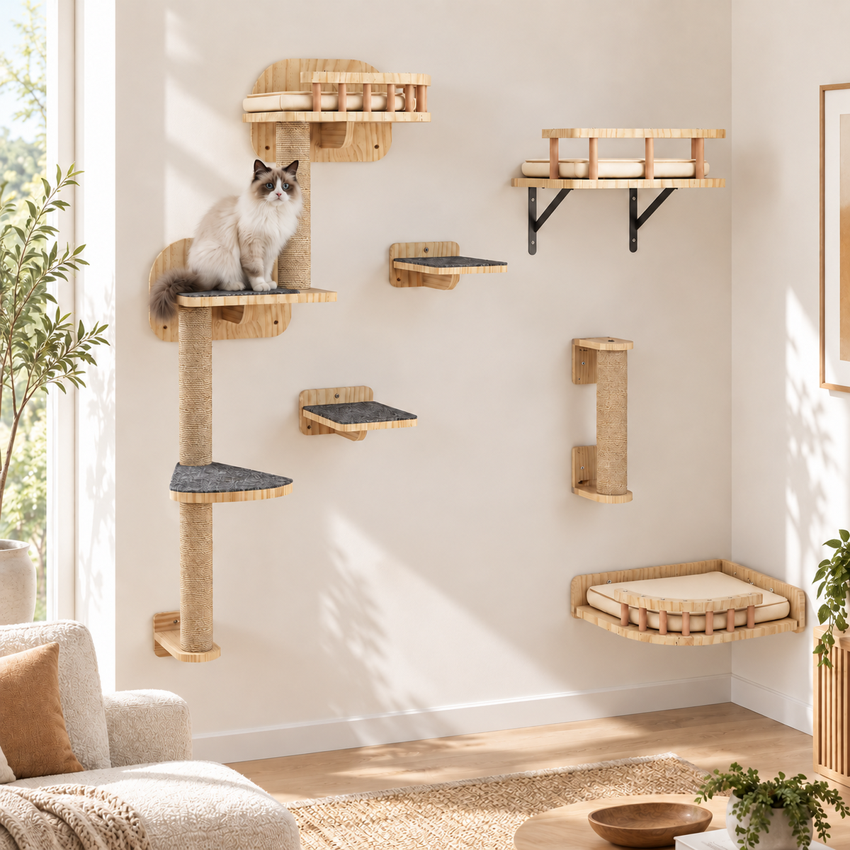 Arbre à chat mural en bois naturel, ensemble 7 pièces | MILO