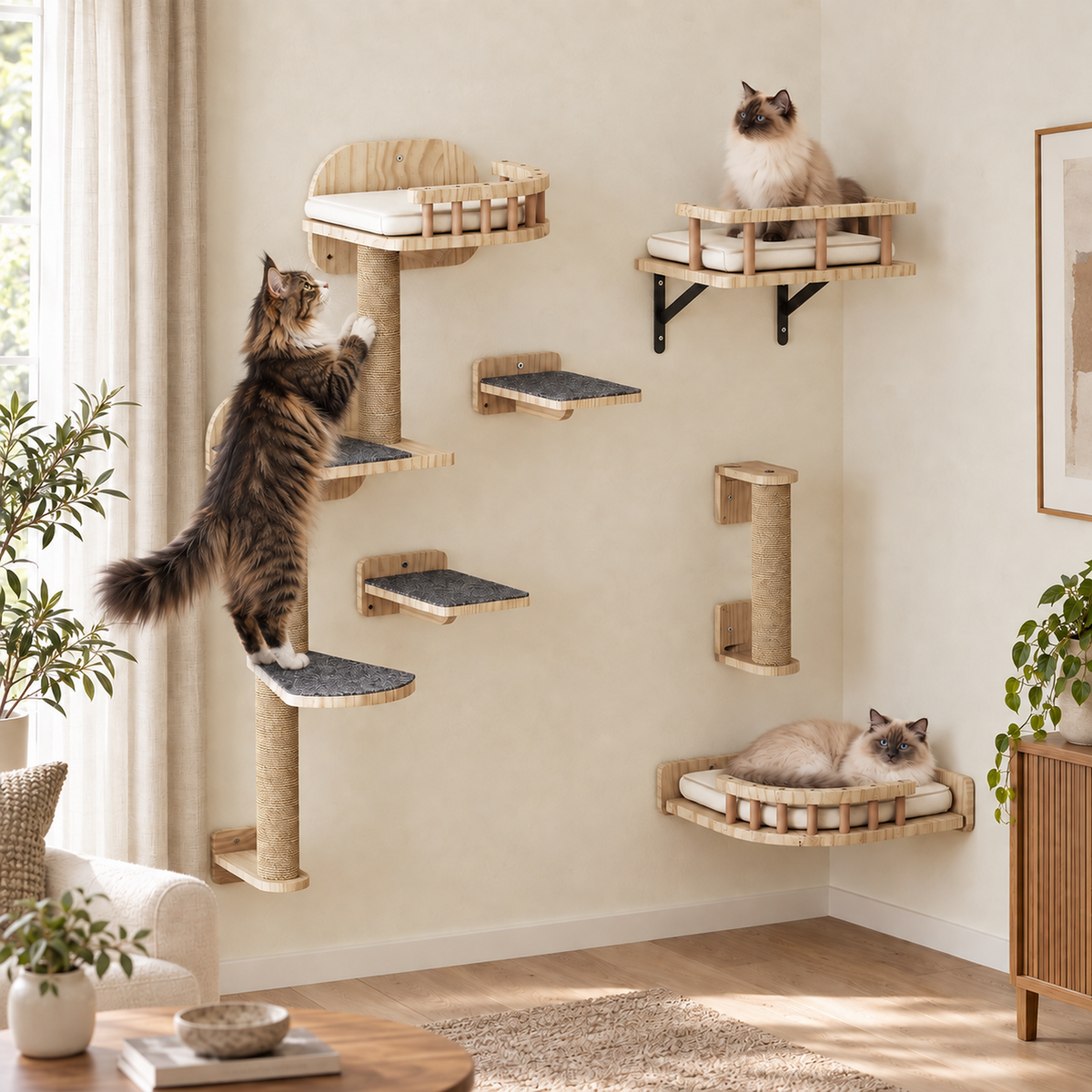 Arbre à chat mural en bois naturel, ensemble 7 pièces | MILO