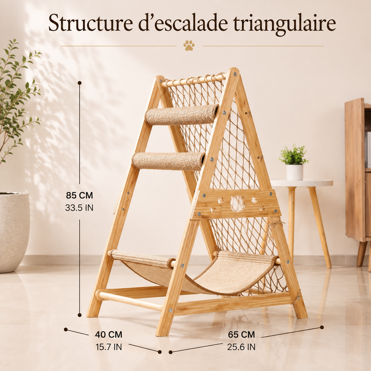 Parcours vertical pour chat en bois naturel avec filet d’escalade en corde, deux rouleaux griffoirs et hamac suspendu, dimensions 85 x 65 x 40 cm, présenté dans un intérieur clair et moderne