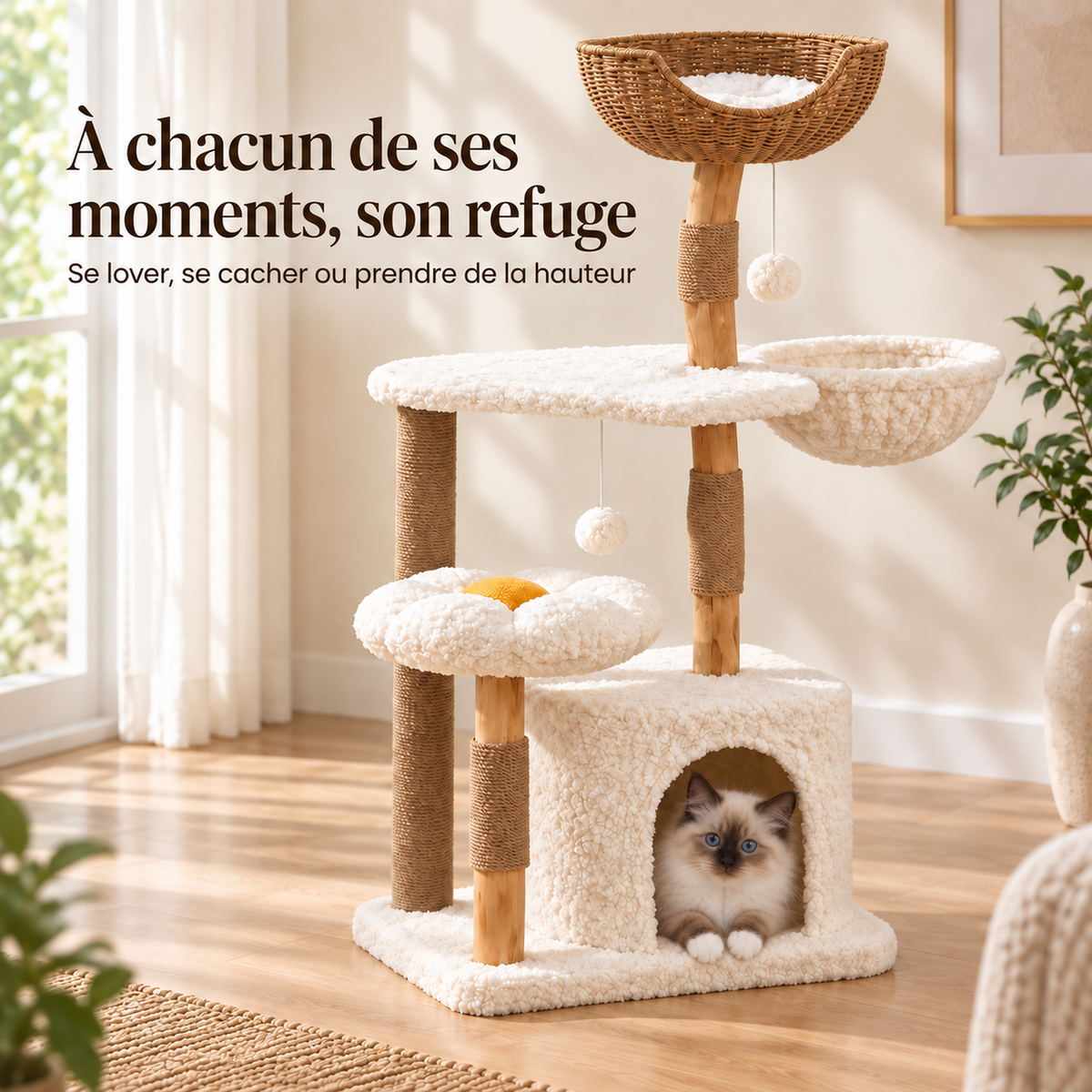 Petit arbre à chat ALVÉO en bois massif de 123 cm avec un chaton Ragdoll installé dans la niche, dans un salon lumineux aux tons crème.