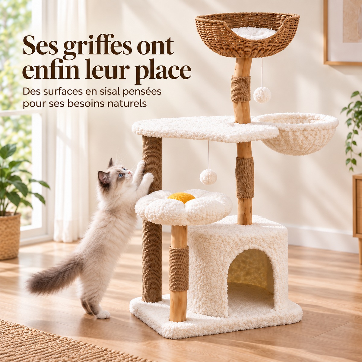 Vue complète du petit arbre à chat ALVÉO en bois naturel, équipé de plusieurs niveaux, d’une niche, d’un hamac et de poteaux griffoirs en sisal.