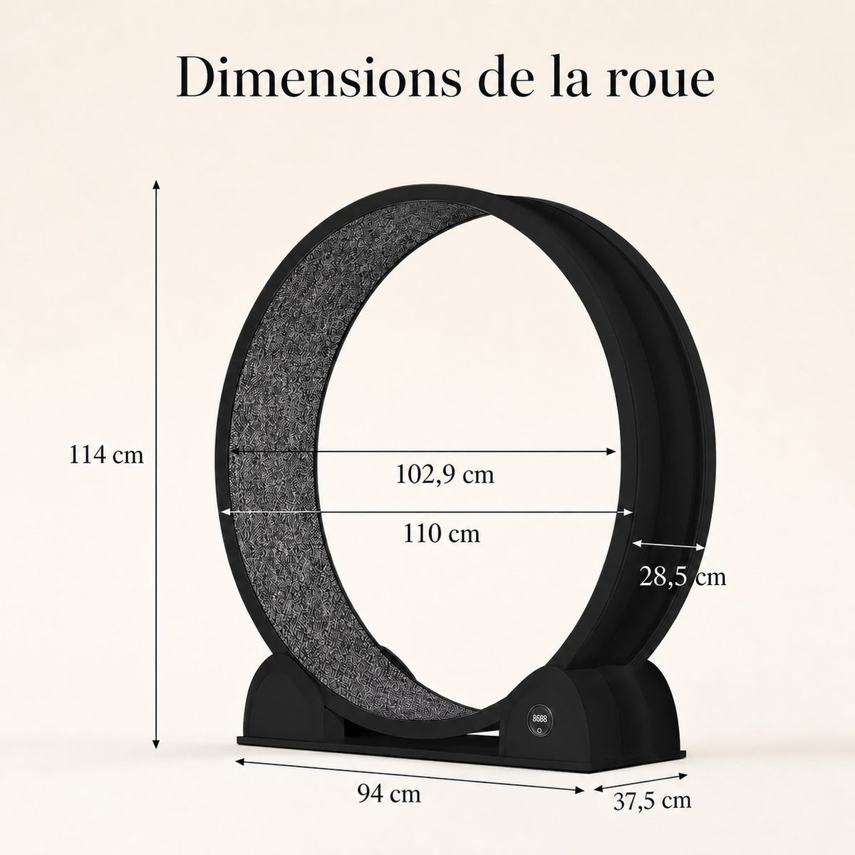 Dimensions de la roue pour chat noire, hauteur 114 cm, diamètre extérieur 110 cm, intérieur 102,9 cm, largeur 28,5 cm, base 94 cm sur 37,5 cm.