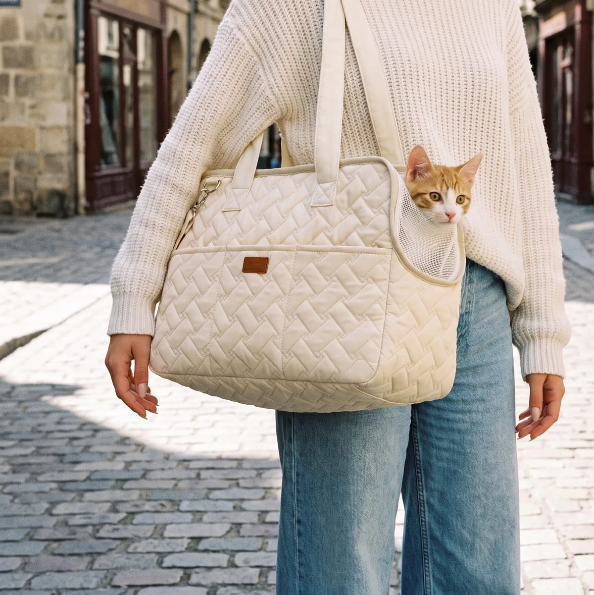 Sac de transport pour chat porté à l'épaule, un chaton regarde la rue