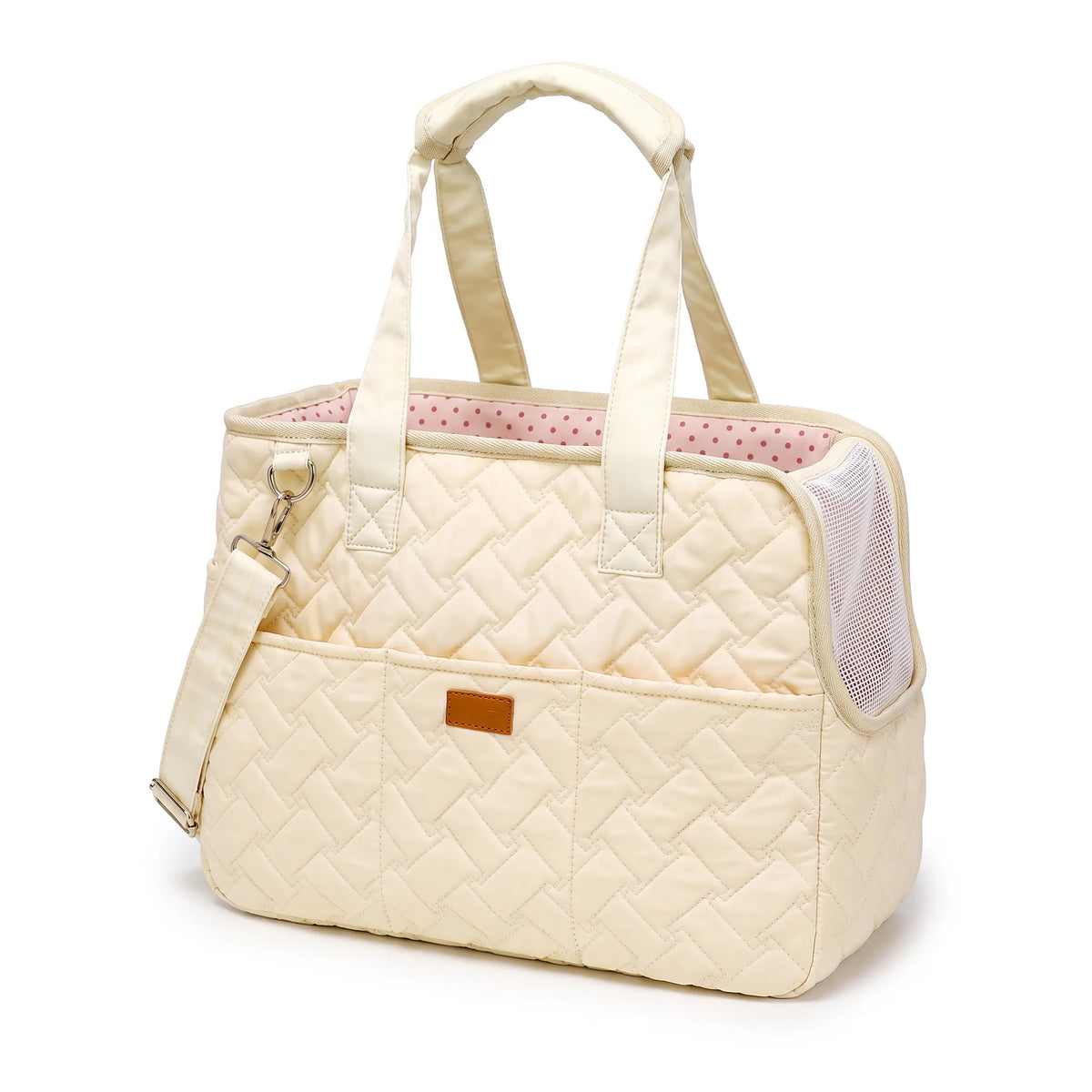 Sac de transport souple pour chat en tissu matelassé crème avec bandoulière, sur fond blanc