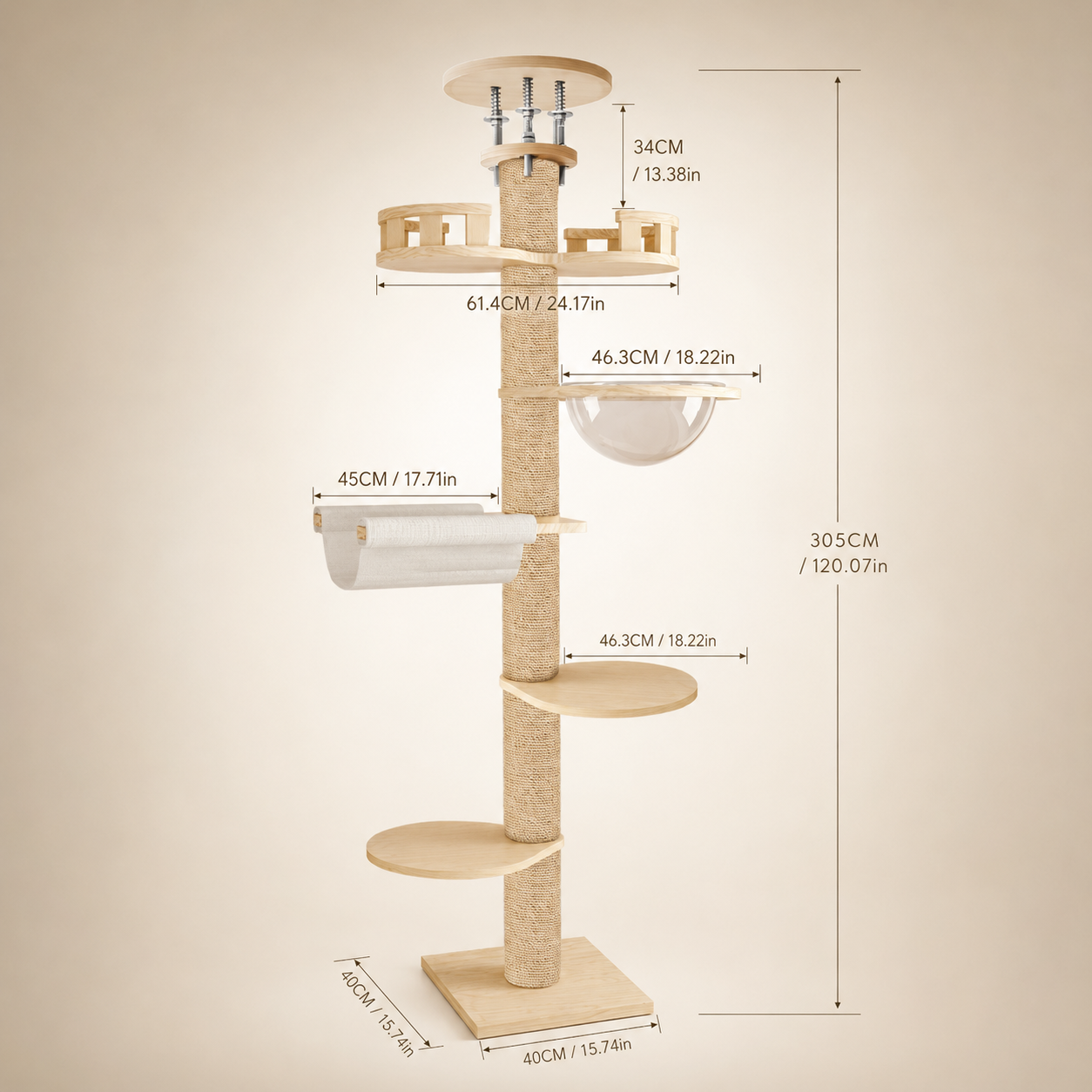 Schéma des dimensions d’un arbre à chat sol plafond de 305 cm avec plateformes en bois, hamac suspendu, hamac bulle transparent, base 40 cm et poteau griffoir en sisal.