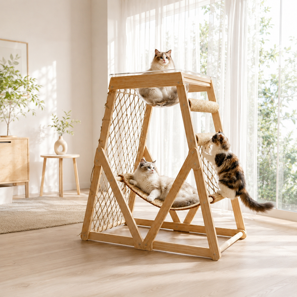 Structure d’escalade pour chat en bois naturel avec hamac suspendu, filet d’escalade, poteaux griffoirs en sisal et capsule transparente, utilisée par trois chats dans un intérieur moderne lumineux
