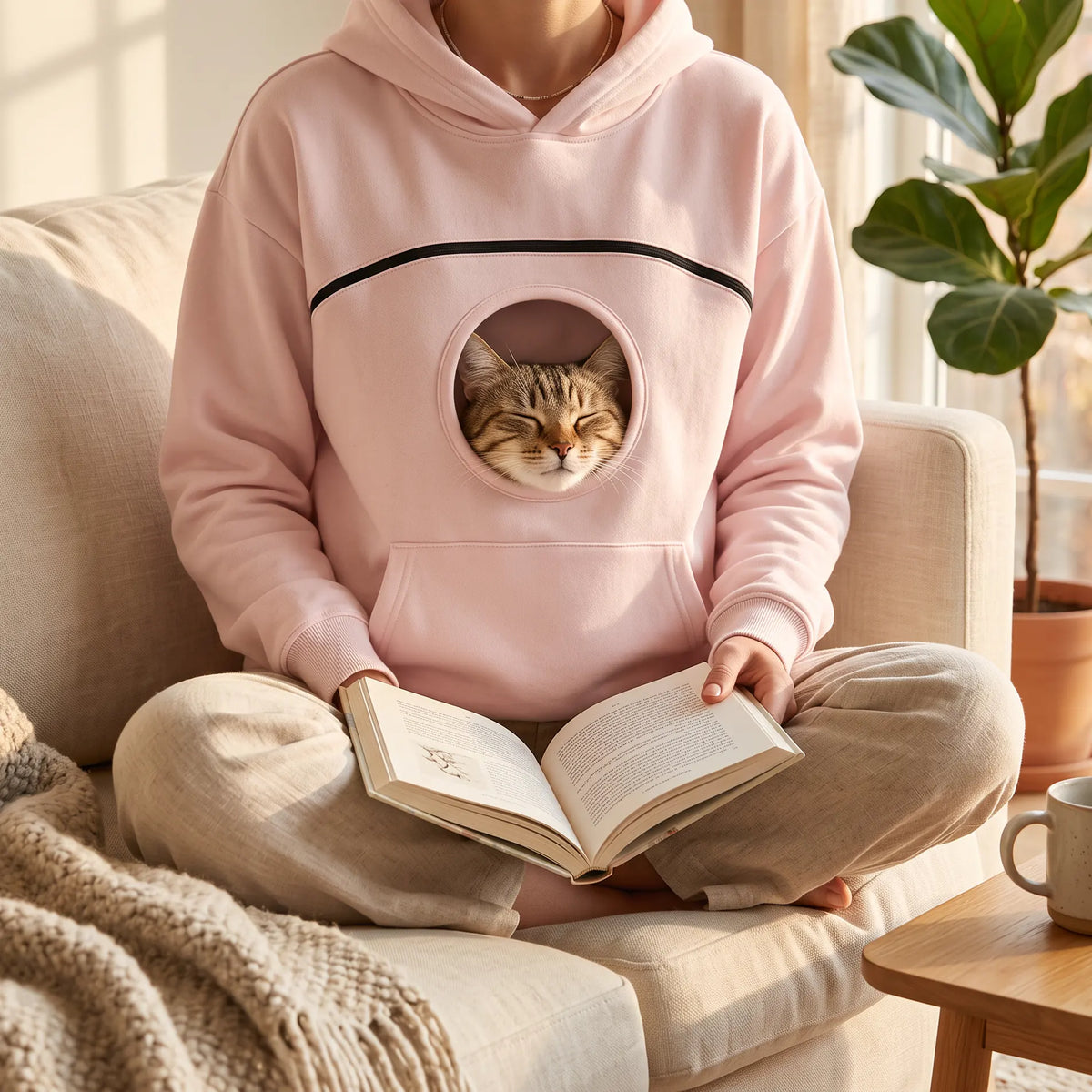 Chat tigré endormi dans la poche d'un sweat rose pendant une lecture dans le canapé