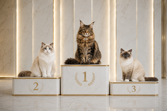 Podium des trois plus belles races de chats, avec le Maine Coon en 1re place, le Ragdoll en 2e place et le Sacré de Birmanie en 3e place Catedo .