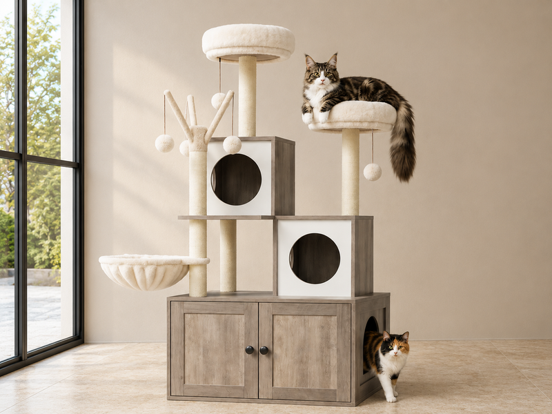 Arbre à chat design avec meuble litière intégré, niches, plateformes et griffoirs en sisal pour chats d'intérieur, idéal en appartement ou maison.