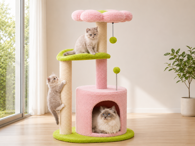 Arbre à chat fleur rose avec niche, plateforme et griffoirs en sisal pour chatons et chats d'intérieur Catedo