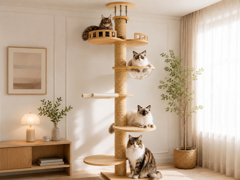 Arbre à chat Maine Coon grande taille avec plateformes renforcées, paniers spacieux et poteaux épais, occupé par plusieurs chats à poils longs type Maine Coon et Ragdoll dans un salon lumineux au design naturel.