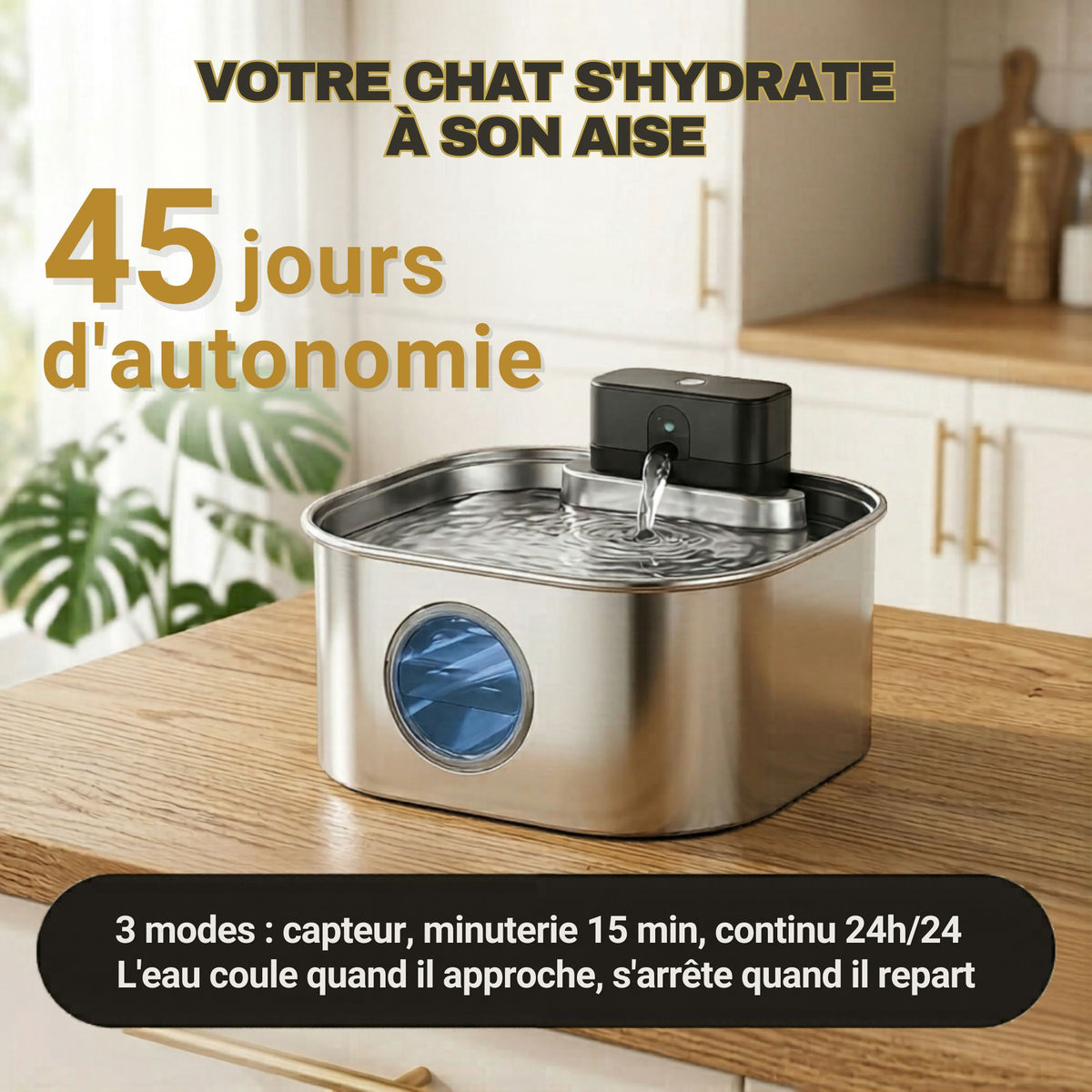 Fontaine à eau pour chat sans fil en inox 3 L, silencieuse, 3 modes, Aquéo