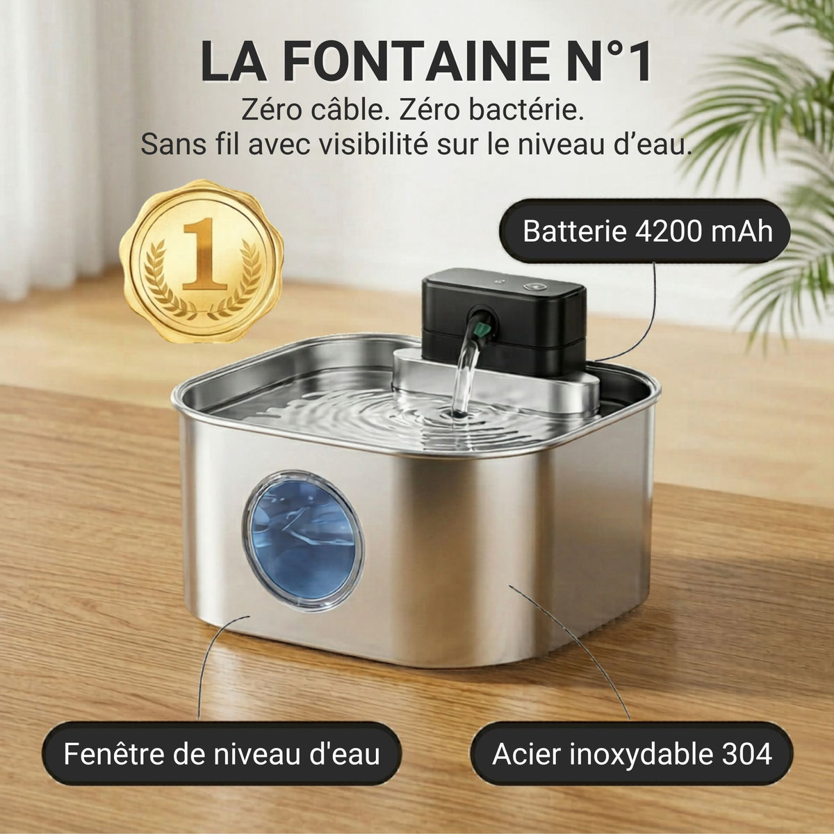 Fontaine à eau sans fil pour chat en inox 304, batterie 4200 mAh et fenêtre de niveau d'eau