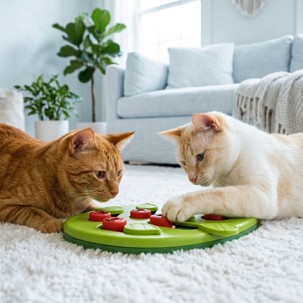 Deux chats cherchant leurs croquettes sur un distributeur puzzle vert en forme de feuille