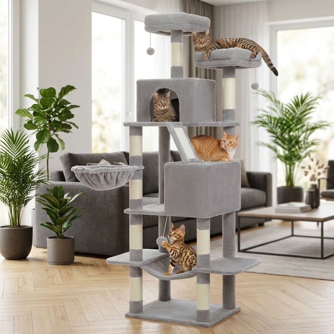 Arbre à chat XXL 180 cm jusqu'à 5 chats, cabanes, corbeille et hamac, Nidou