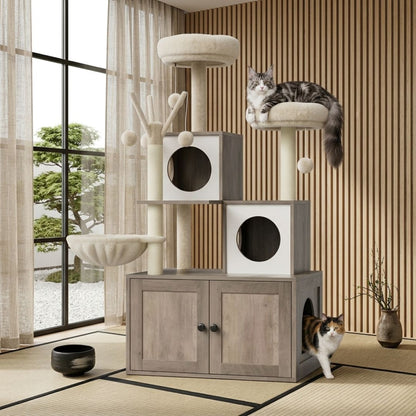 Arbre à chat avec litière meuble 2en1 - gain de place design griffoir sisal
