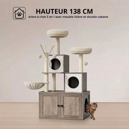 Arbre à chat avec litière meuble 2en1 - gain de place design griffoir sisal