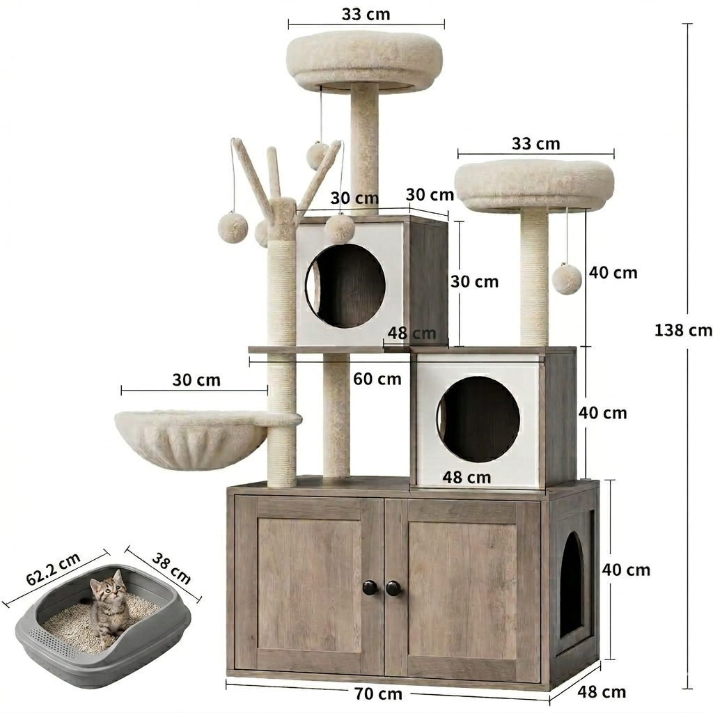Arbre à chat avec litière meuble 2en1 - gain de place design griffoir sisal