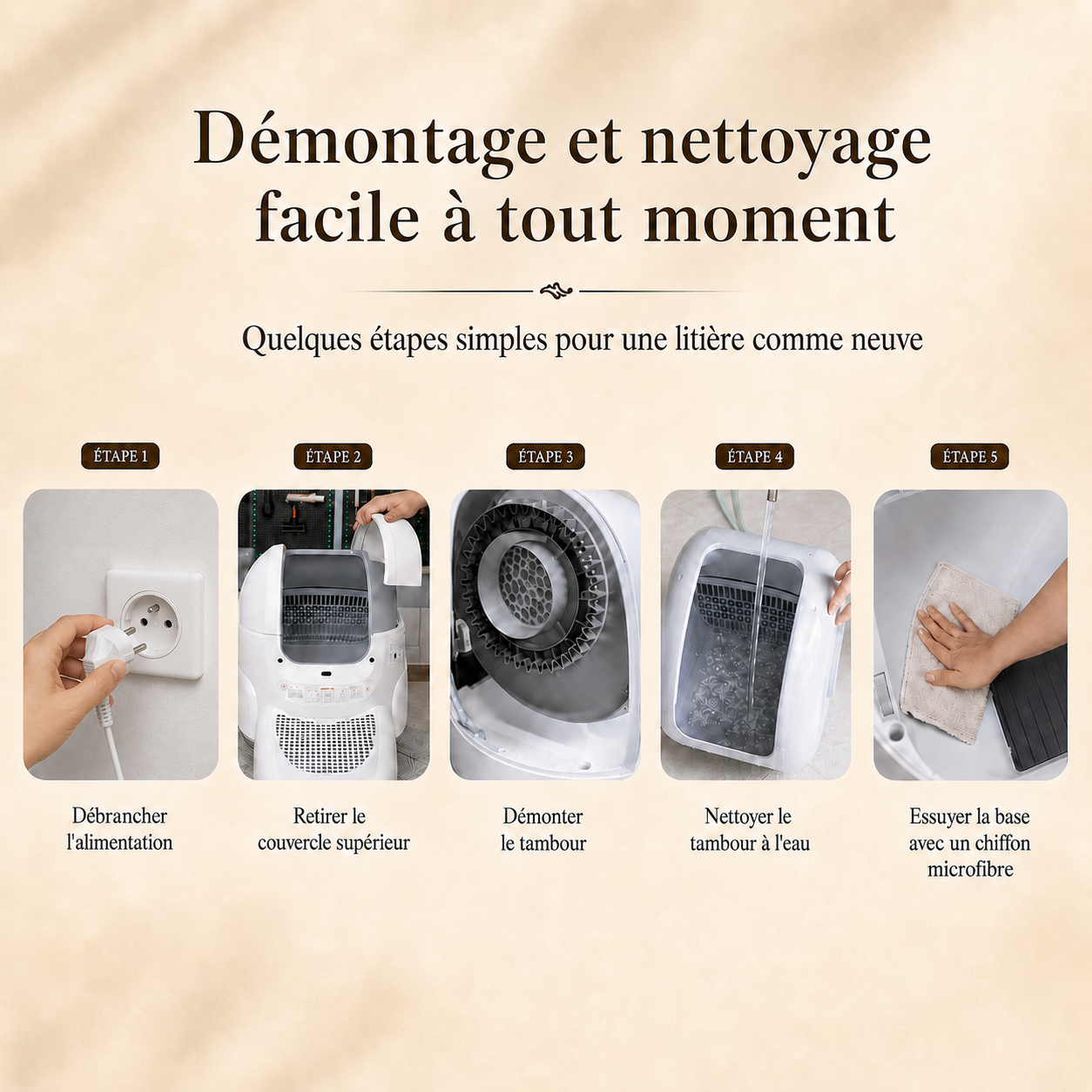 Guide nettoyage litière automatique en 5 étapes : débrancher, retirer le couvercle, démonter le tambour, rincer à l'eau et essuyer à la microfibre