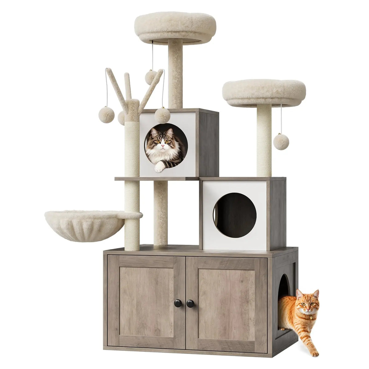 Cat Tree with Hidden Litter Box 2-in-1 - Space-Saving Design Sisal Scratching Post