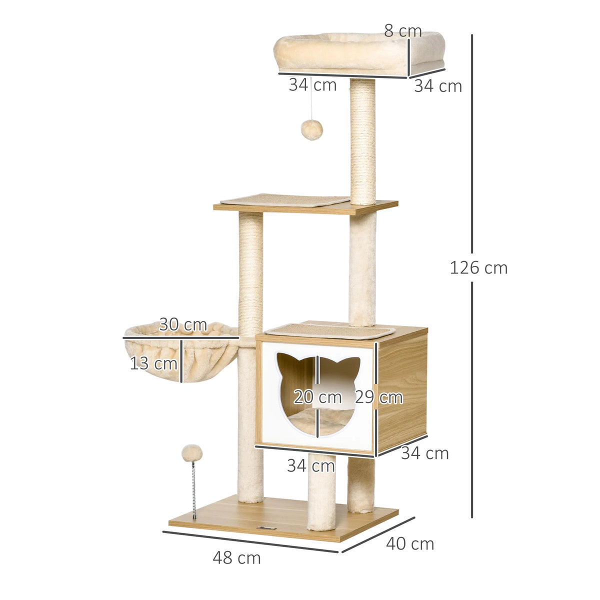 Arbre à chat en bois naturel 126 cm avec cabane, corbeille et sisal, Nordy