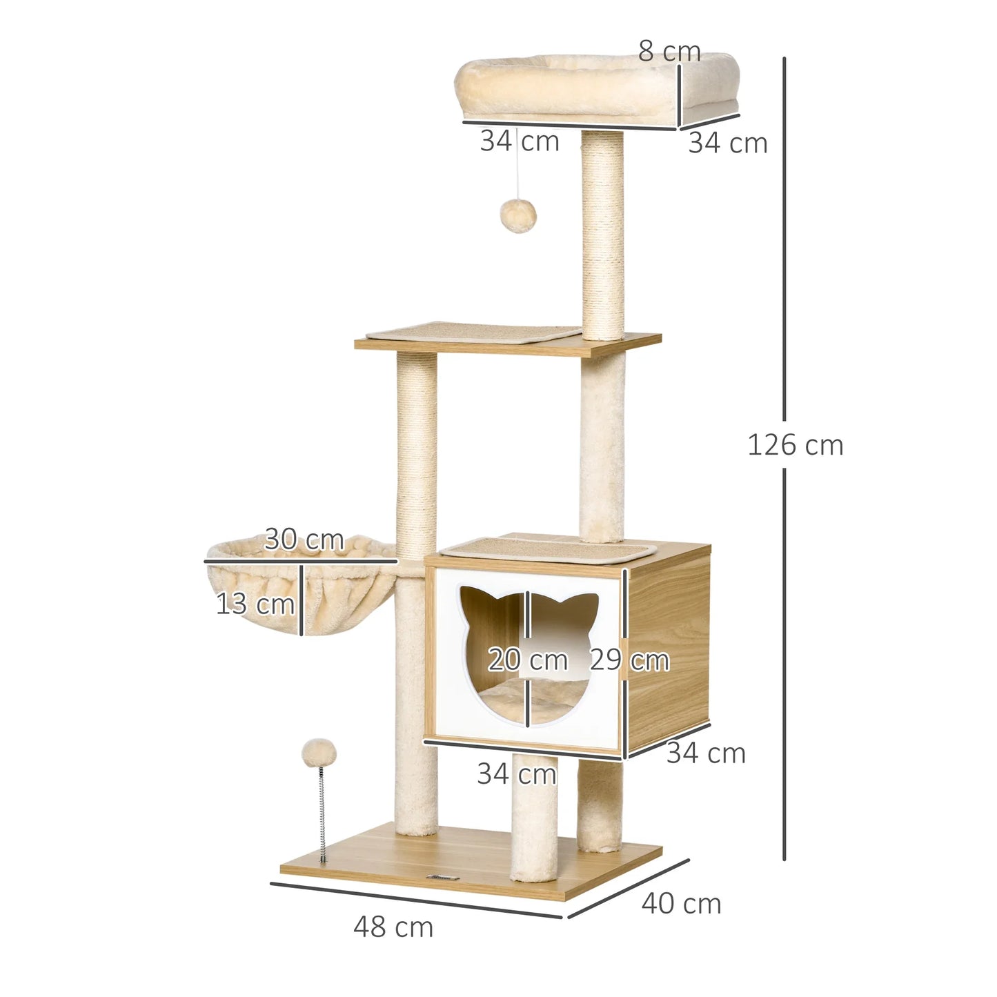 Arbre à chat en bois moderne 126cm - cabane naturel griffoir sisal design