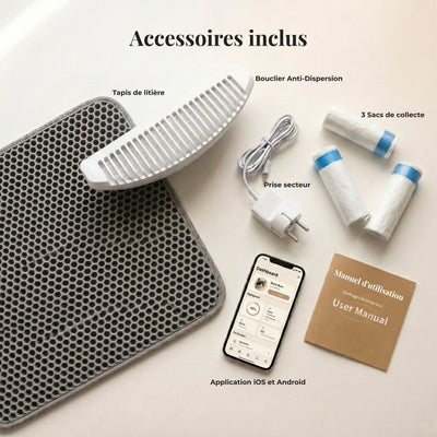 Accessoires inclus litière autonettoyante - tapis de litière, bouclier anti-dispersion, prise secteur, 3 sacs de collecte, manuel d'utilisation et application iOS Android